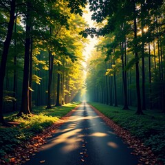Obraz premium Lush forest road lined with trees and autumn leaves in sunlight 