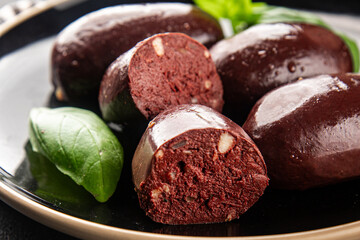 Black pudding sausage fresh delicious gourmet food background on the table rustic food top view...