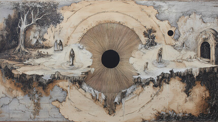 art journal feature on inner fear | time disintegration | symbolic dread | sun-bleached surreal tones | recursive frame composition | floating figures | dripping time deformation | symbolic shadow