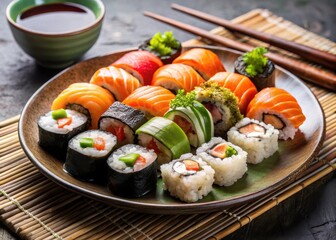 Assorted sushi pieces arranged on a plate