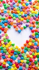 Obraz premium Rainbow-colored candy hearts scattered on a white background with a few pieces stuck together