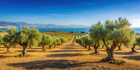 Fototapeta premium Rows of ancient olive trees set amidst a sprawling Mediterranean landscape with a clear blue sky and distant hills