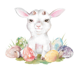 White goat surrounded by colorful painted eggs on green grass lawn hand drawn watercolor illustration isolated on white. Cute Easter clipart for children's holiday, festive, rustic, farm designs