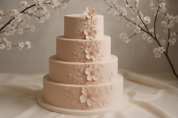 Elegant Four-Tier Blush Wedding Cake with Delicate Floral Decorations and Cherry Blossom Accents for Spring or Romantic Celebrations