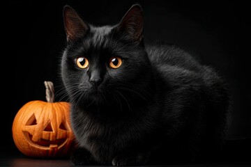 Elegant Black Cat with Golden Eyes Posing Next to a Halloween Pumpkin