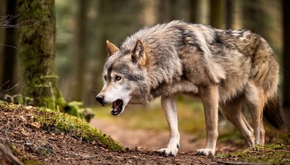 grey wolf angry in the forest