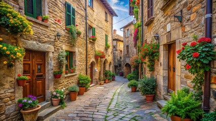 Narrow cobblestone street lined with ancient stone buildings and overflowing flower boxes in Tuscany Italy