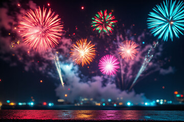 firework display in the night sky over a concrete floor