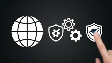 Abstract illustration of a globe with gears and shields symbolizing global security and technology - Powered by Adobe