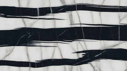 Full-frame 2D Panda White marble slab with bold black brushstroke-like stripes across a clean white background.