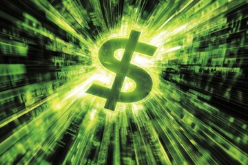 Dollar sign symbol amidst a digital green light burst.