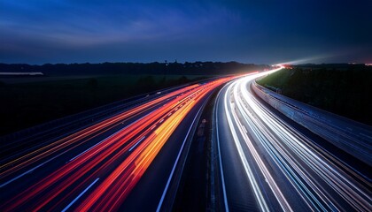 speed traffic light trails on motorway highway at night