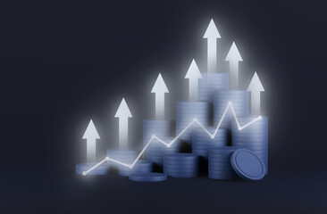 Money saving business concept. coin stack with growing business graph arrow of success financial. economic market chart digital stock currency strategy wealth management . 3d rendering.