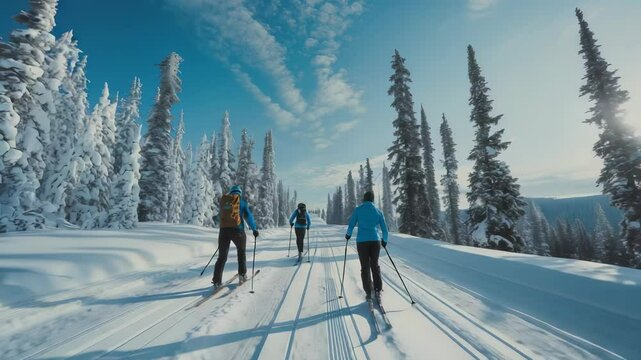Three individuals enjoy cross-country skiing groomed trail through winter wonderland. Snow-laden pine trees line path under bright blue sky. It's picturesque outdoor recreation.