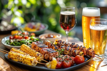 Outdoor barbecue feast with drinks