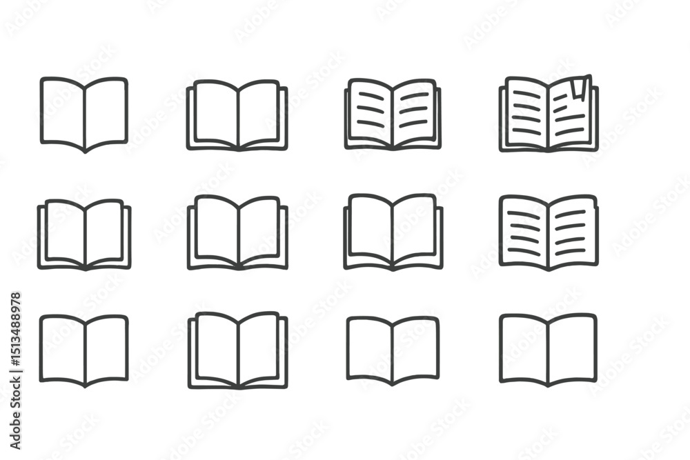 Poster collection of simple book icons showcasing various open and closed positions in a minimalist design 