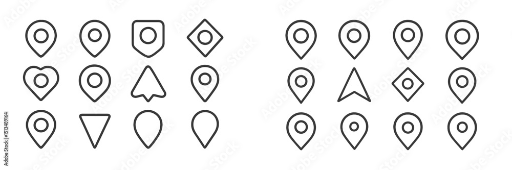 Poster various geometric pin icons arranged in a grid for use in maps and location-based applications