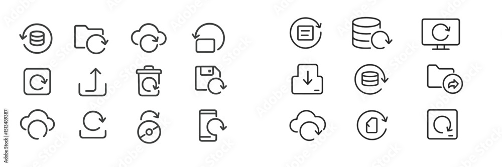 Poster collection of minimalist icons representing various file management, cloud storage, and data synchro