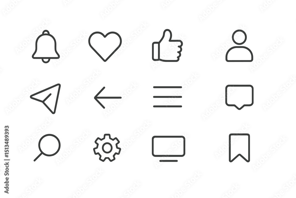 Poster collection of simple icons representing common social media actions and notifications displayed in a