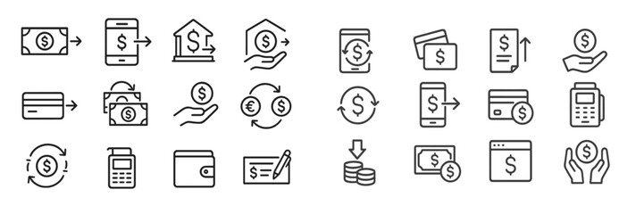 Financial icons representing various transactions and payment methods in a modern context