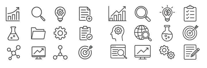 Line art icons representing business analytics, scientific research, and problem-solving activities in a modern digital workspace