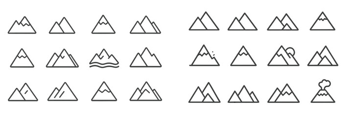 Collection of mountain icons showcasing various styles, including peaks, ridges, and natural elements