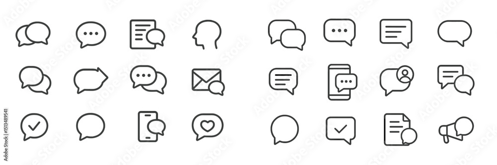 Poster collection of simple communication icons illustrating various messaging concepts and tools used in d