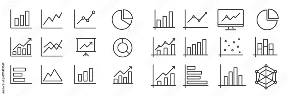 Poster collection of diverse graphs and charts showcasing data visualization techniques in a modern design 