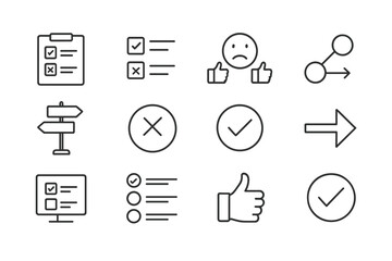 Icons representing various actions, decisions, and indicators in a checklist format for tasks and feedback