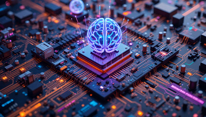 Obraz premium Colorful 3D rendered electronic motherboard with AI icons and electric impulses traveling through circuits, symbolizing computing power and futuristic technology. 