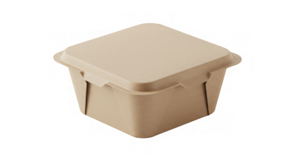 Isometric view showcases a closed, square, tan container against a solid black background.