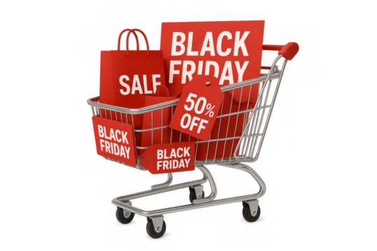 Shopping cart filled with black friday shopping bags and 50% off tags on transparent background