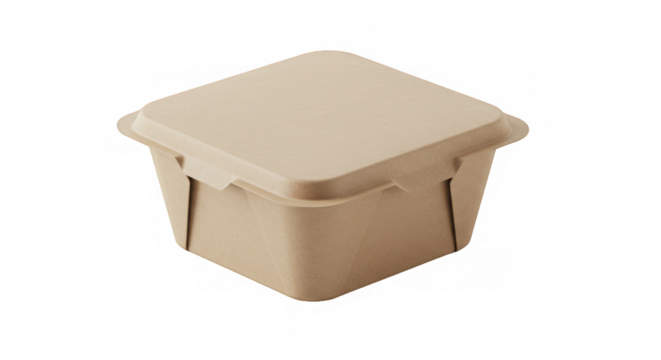 Isometric view showcases a closed, square, tan container against a solid black background.