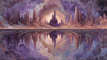 art journal feature on inner fear | existential melting | dreamlike confusion | copper light and shadow purple | central vanishing dissonance | mirrored desert | temporal liquefaction | symbolic