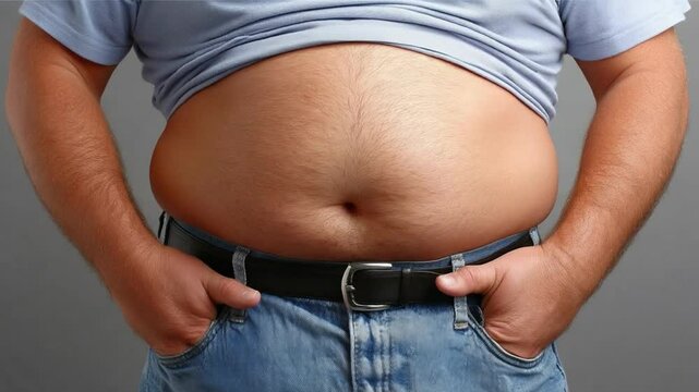 Overweight Man: A close-up photograph showcasing a man's abdomen, highlighting the physical manifestation of excess weight.  The image is clinically neutral, suitable for health and wellness contexts.