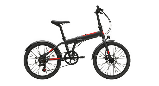 Modern folding bicycle in matte black with red accents, shown as a digital product render view