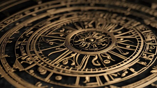 Ornate golden clock face with zodiac symbols and sun, astrology chart with intricate details and luxurious texture on dark gray background.