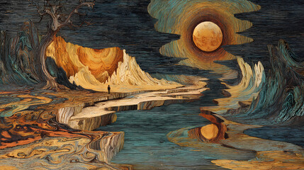 conceptual design for time paradox | existential melting | dreamlike confusion | gold ochre and midnight blue | asymmetric depth fold | cracked earth | temporal liquefaction | microscopic detailing |