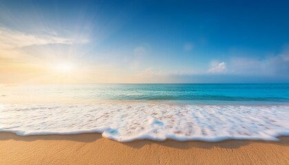 summer background sea ocean sand beach with blurry bokeh light on blue sky could with sunlight in morning for summer vibes banner sale promotion