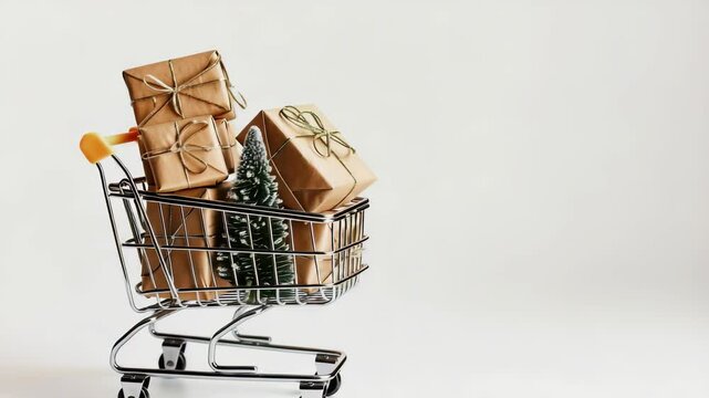 Festive Shopping: Miniature shopping cart filled with wrapped gifts and a small evergreen tree, ready for the holidays. Gift-giving season is here!