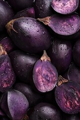 Close-up view of sliced purple eggplants