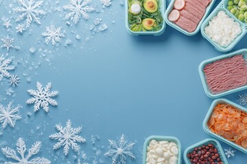 Frozen Food Month Poster Mockup Featuring Snowflake Frame and Product Grid With Clean Layout for Promotional Use