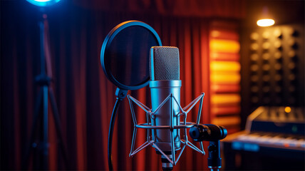 A professional studio microphone setup photographed in a recording studio with dramatic lighting.