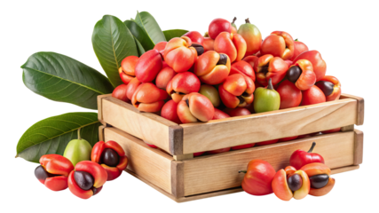 A wooden crate filled with ripe ackee fruit and green leaves Transparent PNG