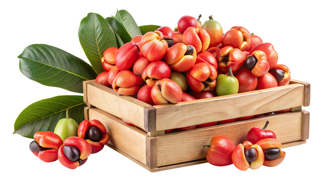 A wooden crate filled with ripe ackee fruit and green leaves Transparent PNG