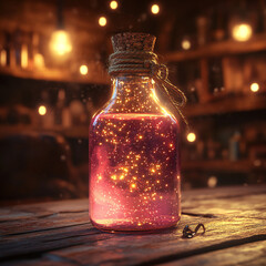 Photorealistic Close-Up of Glowing Pink Magic Potion in Vintage Glass Bottle on Wooden Table – Fantasy Elixir with Sparkles in Warm Candlelit Setting