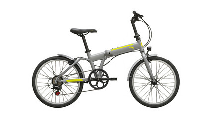 Fototapeta premium Studio shot showcases a gray folding bicycle with yellow accents and transparent background detail.