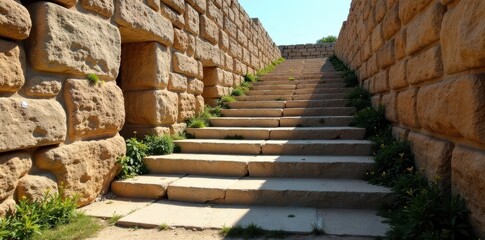 Descending stone steps within ancient fortification walls , tunnel, fortification, ancient