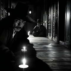 Cinematic Black-and-White Scene of Men in Traditional Asian Attire Kneeling by Candlelight in Historic Wooden Hallway – Period Drama Concept Art