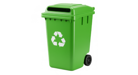 A clean, green recycling bin with a prominent recycle symbol shows sustainability effort and design.